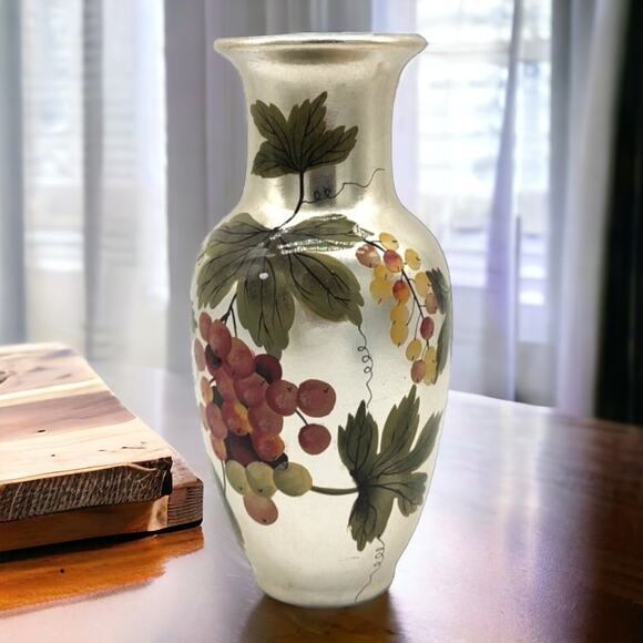 Andrea by Sadek Vintage 1970s Handpainted Ceramic Silver Vase Grapes Leaves (a) - Picture 1 of 10